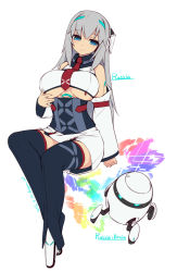 Rule 34 | 1girl, android, bare shoulders, black thighhighs, blue eyes, blush, breasts, character name, closed mouth, crop top, dangan neko, detached sleeves, drone, grey hair, headgear, highres, large breasts, long hair, long sleeves, looking at viewer, necktie, original, red necktie, russia (dangan neko), shirt, shoes, sidelocks, sitting, skirt, sleeveless, sleeveless shirt, solo, symbol-shaped pupils, thighhighs, underboob, white footwear, white skirt, x x