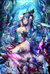 Rule 34 | age of ishtaria, armlet, armpits, arms up, black gloves, blue footwear, blue hair, breasts, chain, company name, copyright name, copyright notice, cuffs, flower, full body, gem, gloves, highres, large breasts, long hair, looking at viewer, nemusuke, official art, purple eyes, restrained, shackles, solo, thighlet, very long hair, watermark, wet