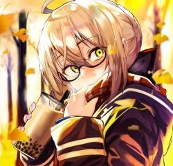 Rule 34 | 1girl, ahoge, akieda, artoria pendragon (fate), autumn leaves, black-framed eyewear, blonde hair, blush, braid, bubble tea, coat, cup, day, disposable cup, drinking straw, fate (series), french braid, glasses, hair between eyes, highres, holding, leaf, long sleeves, mysterious heroine x alter (fate), mysterious heroine x alter (first ascension) (fate), outdoors, plaid, plaid scarf, red scarf, scarf, solo, tree, upper body, yellow eyes