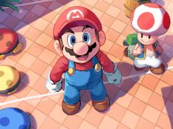 Rule 34 | 2boys, backpack, bag, barrel, biddybud, blue eyes, blue overalls, blue vest, brown footwear, brown hair, checkered floor, facial hair, from above, full body, gloves, highres, looking at viewer, mario, mario (series), multiple boys, mustache, nintendo, open mouth, overalls, pants, red headwear, red shirt, shirt, short hair, standing, the super mario bros. movie, the super mario bros. movie, toad (mario), vest, white gloves, white pants, ya mari 6363