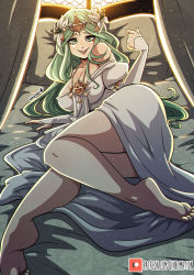 Rule 34 | 1girl, ass, bare shoulders, barefoot, bed, blush, breasts, come hither, crown, curvy, dress, feet, female focus, fire emblem, fire emblem: three houses, flower, from side, green eyes, green hair, grin, hair flower, hair ornament, heart, heart-shaped pupils, highres, kinkymation, large breasts, long hair, long sleeves, looking at viewer, lying, matching hair/eyes, nintendo, off-shoulder dress, off shoulder, open mouth, pantyhose, patreon username, pillow, rhea (fire emblem), smile, soles, solo, symbol-shaped pupils, teeth, tiara, toes, watermark, web address, wide hips, window