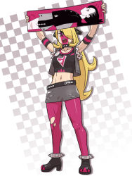Rule 34 | 1girl, armpits, arms up, blonde hair, boots, breasts, checkered background, collar, cosplay, creatures (company), cynthia (pokemon), facepaint, feet, female focus, full body, game freak, habatakuhituji, hair over one eye, high heel boots, high heels, holding, jacket, large breasts, legs, legs apart, long hair, marnie (pokemon), marnie (pokemon) (cosplay), midriff, navel, nintendo, open mouth, pantyhose, pokemon, pokemon dppt, pokemon swsh, purple eyes, serious, simple background, skirt, sleeveless, solo, standing, team yell, team yell grunt, team yell grunt (cosplay), teeth, thighs, torn clothes, torn pantyhose, upper teeth only