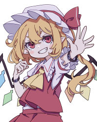 Rule 34 | 1girl, absurdres, ascot, blonde hair, collared shirt, commentary request, crystal, duplicate, fang, flandre day, flandre scarlet, frilled shirt collar, frilled sleeves, frills, hat, hat ribbon, highres, kame (kamepan44231), medium hair, mob cap, one-hour drawing challenge, one side up, pixel-perfect duplicate, puffy short sleeves, puffy sleeves, red eyes, red ribbon, red skirt, red vest, ribbon, shirt, short sleeves, simple background, skirt, skirt set, solo, touhou, vest, white background, white hat, white shirt, wings, wrist cuffs, yellow ascot