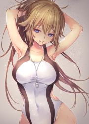 Rule 34 | 1girl, armpits, arms up, bad id, bad pixiv id, bare arms, bare shoulders, breasts, brown hair, bunching hair, cleavage, collarbone, competition swimsuit, covered navel, fate/grand order, fate (series), floating hair, grey background, hair between eyes, hair flaps, hair tie, hair tie in mouth, half-closed eyes, head tilt, highleg, highleg swimsuit, highres, jeanne d&#039;arc (fate), jeanne d&#039;arc (ruler) (fate), jeanne d&#039;arc (swimsuit archer) (fate), jeanne d&#039;arc (swimsuit archer) (second ascension) (fate), large breasts, long hair, looking at viewer, md5 mismatch, mouth hold, one-piece swimsuit, ponytail, purple eyes, resolution mismatch, sidelocks, smile, solo, source smaller, swimsuit, taut clothes, taut swimsuit, vivi (eve no hakoniwa), wet, whistle, whistle around neck, white one-piece swimsuit