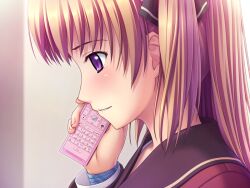 Rule 34 | 1girl, 400, amishiro anna, black bow, blonde hair, blush, bow, brown sailor collar, cellphone, flip phone, from side, game cg, hair bow, holding, holding phone, indoors, kanojo to kanojo to watashi no nananichi, long hair, long sleeves, parted lips, phone, portrait, purple eyes, sailor collar, smile, solo, tears