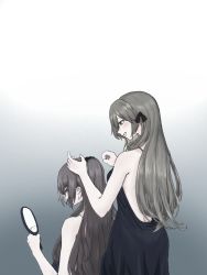 Rule 34 | 2girls, alpello1901, back, bare shoulders, black dress, black ribbon, blush, dress, girls&#039; frontline, grey hair, hair ornament, hair ribbon, hairclip, hand in own hair, holding, holding hair, holding mirror, light brown hair, long hair, looking at another, looking down, mirror, multiple girls, open mouth, ponytail, ribbon, scar, scar across eye, scar on face, simple background, sitting, standing, ump40 (girls&#039; frontline), ump45 (diamond flower) (girls&#039; frontline), ump45 (girls&#039; frontline), ump9 (the world&#039;s melody) (girls&#039; frontline), yellow eyes