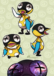 Rule 34 | 1boy, artist name, bird, cube (animal crossing), animal crossing, galaxy, green background, male focus, nintendo, open mouth, penguin, seagerdy, solo, star (sky), tongue