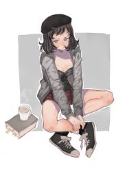 Rule 34 | 1girl, arutera, bad id, bad pixiv id, beret, black hair, blue eyes, blush, book, breasts, cleavage, converse, cup, hat, highres, original, shoes, short hair, shorts, sitting, sneakers, solo