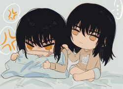 Rule 34 | ..., 2girls, anger vein, angry, barefoot, bed, black hair, blanket, brown eyes, brown shirt, chainsaw man, chibi, closed mouth, clothes writing, fang, grey background, grey shorts, hair between eyes, hand on another&#039;s shoulder, hand up, hands up, highres, long hair, long sleeves, looking at another, looking down, looking to the side, lying, medium hair, mitaka asa, multiple girls, on stomach, open mouth, orange eyes, pillow, puffy long sleeves, puffy sleeves, scar, scar on face, shirt, shorts, simple background, sitting, speech bubble, teeth, tongue, v-shaped eyebrows, yoru (chainsaw man), yumu (8181018)