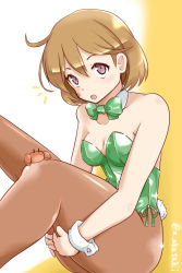 Rule 34 | 1girl, akai akasaki, bandaid, bandaid on face, bow, bowtie, brown hair, crab, detached collar, feet out of frame, green bow, green bowtie, green leotard, kantai collection, leotard, looking at viewer, oboro (kancolle), pantyhose, playboy bunny, purple eyes, rabbit tail, short hair, solo, strapless, strapless leotard, tail, twitter username, wrist cuffs