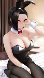 Rule 34 | 1girl, animal ears, artist logo, artist name, bare shoulders, black hair, black pantyhose, blurry, blurry background, blush, bow, bowtie, breasts, brown eyes, cleavage, closed mouth, collarbone, detached collar, fake animal ears, highres, indoors, infinote, large breasts, leotard, looking at viewer, no shoes, on bed, original, pantyhose, playboy bunny, rabbit ears, rabbit tail, short hair, side-tie leotard, signature, sitting, solo, strapless, strapless leotard, tail, thighband pantyhose, wariza, wrist cuffs, yashiki yuuko (infinote)