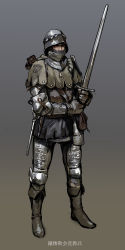 Rule 34 | 1boy, absurdres, armor, black eyes, black footwear, blue background, boots, brown capelet, capelet, chainmail, couter, covered mouth, crest, faulds, full body, gauntlets, gloves, gradient background, grey gloves, grey headwear, hands up, helmet, highres, holding, holding sword, holding weapon, japanese text, jewelry, knee pads, looking at viewer, male focus, neck bell, necklace, nisetanaka, original, own hands together, pouch, scar, scar on face, sheath, simple background, sketch, solo, standing, sword, translation request, two-handed, weapon