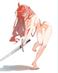 Rule 34 | 1girl, absurdres, babywipes, bar censor, barefoot, breasts, censored, commentary, completely nude, english commentary, eris greyrat, feet, highres, holding, holding sword, holding weapon, large breasts, long hair, mushoku tensei, navel, nude, open mouth, red eyes, red hair, simple background, solo, sword, thighs, toes, v-shaped eyebrows, very long hair, weapon, white background
