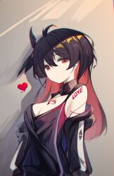 Rule 34 | 1girl, absurdres, ahoge, bare shoulders, black hair, black jacket, black shirt, breasts, closed mouth, darkworldsss, dress, hair ornament, heart, highres, honkai (series), honkai impact 3rd, jacket, large breasts, light, long hair, long sleeves, looking at viewer, open clothes, open jacket, red eyes, red hair, revision, seele (alter ego), seele vollerei, shirt, sleeveless, sleeveless shirt, solo, tattoo, upper body