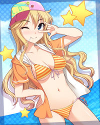 Rule 34 | 10s, 1girl, baseball cap, bikini, blonde hair, blue eyes, blush, breasts, candy, cleavage, food, front-tie top, hand on own hip, hat, hip focus, idolmaster, idolmaster cinderella girls, lollipop, long hair, m/, medium breasts, mouth hold, navel, ohtsuki yui, one eye closed, open clothes, open shirt, shiny skin, shirt, skindentation, smile, solo, star (symbol), striped bikini, striped clothes, swimsuit, totokichi, underboob, wink