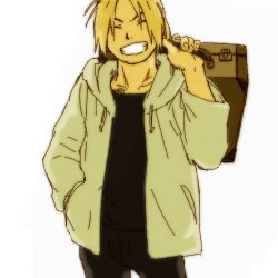 Rule 34 | 1boy, black pants, black shirt, blonde hair, edward elric, closed eyes, fullmetal alchemist, grin, hands in pockets, jacket, lowres, male focus, mattsu, pants, shirt, simple background, smile, solo, solo focus, suitcase, white background