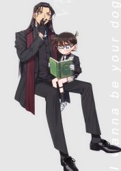 Rule 34 | 2boys, akai shuuichi, between fingers, black-framed eyewear, black coat, black footwear, black gloves, black hair, black pants, black shirt, black socks, black vest, blouse, blue eyes, blush, book, brown hair, buttons, child, cigarette, coat, collared shirt, commentary request, earrings, edogawa conan, english text, glasses, gloves, green eyes, grey background, grey shorts, grey vest, hand up, highres, holding, holding book, holding cigarette, invisible chair, jewelry, k (gear labo), long hair, long sleeves, looking to the side, male focus, meitantei conan, multiple boys, necktie, open book, open clothes, open coat, pants, reading, shin strap, shirt, shoes, short hair, shorts, simple background, sitting, sitting on lap, sitting on person, smoke, smoking, socks, vest, white footwear, white gloves, white neckwear