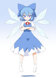 Rule 34 | 1girl, blue eyes, blue hair, blush, bow, cirno, coo (coonekocoo), crossed arms, detached wings, hair bow, highres, ice, ice wings, matching hair/eyes, short sleeves, solo, touhou, wings