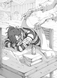 Rule 34 | 2boys, alva lorenz, bandaged arm, bandages, blanket, book, book stack, bottle, box, bububuki, chair, closed eyes, covering with blanket, crying, cup, desk, elbows on table, gloves, greyscale, head on table, highres, holding, holding blanket, identity v, indoors, long sleeves, luca balsa, messy room, monochrome, multiple boys, open book, paper, paper stack, plate, pliers, ponytail, quill, ruler, shirt, short hair, sitting, sleeping, steel square, striped clothes, striped shirt
