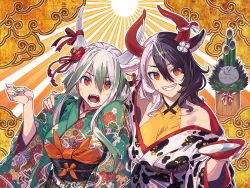Rule 34 | 2girls, alternate costume, animal ears, animal print, bamboo, bare shoulders, black hair, black kimono, breasts, camellia, chinese zodiac, cleavage, clenched teeth, cloud background, cloud print, collarbone, commentary request, covered collarbone, cow ears, cow horns, cow print, cup, ex-keine, fangs, floral print, flower, glowing, green hair, green kimono, green nails, grin, hair between eyes, hair flower, hair ornament, hair ribbon, hand on another&#039;s shoulder, hand up, hexagon, holding, holding cup, horn ornament, horn ribbon, horns, hug, japanese clothes, kamishirasawa keine, kikkoumon, kimono, kouhaku nawa, large breasts, long bangs, long hair, long sleeves, looking at viewer, multicolored hair, multiple girls, nail polish, obi, off shoulder, open mouth, orange eyes, outstretched hand, print kimono, print legwear, red eyes, red flower, red horns, red nails, red ribbon, ribbon, rope, sakazuki, sash, sharp teeth, shimenawa, short hair, sidelocks, smile, split-color hair, sunburst, sunburst background, sweatdrop, taut clothes, teeth, touhou, two-tone hair, upper body, ushizaki urumi, v-shaped eyebrows, white flower, white hair, white horns, white kimono, wide sleeves, year of the ox, yellow background, zounose