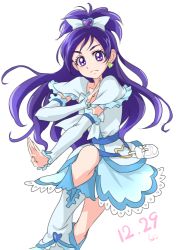 Rule 34 | 00s, 1girl, arm warmers, boots, bow, chocokin, cure white, dated, earrings, fighting stance, frills, futari wa precure, hair bow, hair ornament, half updo, heart, heart earrings, heart hair ornament, jewelry, knee boots, leg warmers, long hair, looking at viewer, magical girl, precure, purple eyes, purple hair, serious, signature, skirt, solo, white background, white bow, white footwear, yukishiro honoka