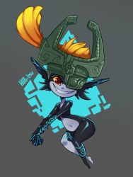 Rule 34 | 1girl, artist name, black skin, blue background, breasts, colored sclera, colored skin, female focus, floating, full body, grin, happy, helmet, highres, huffslove, interlocked fingers, long hair, looking at viewer, midna, multicolored skin, navel, nintendo, no nipples, orange hair, outstretched arms, own hands together, parted lips, pointy ears, ponytail, red eyes, shiny skin, signature, simple background, small breasts, smile, solo, tattoo, teeth, the legend of zelda, the legend of zelda: twilight princess, two-tone background, two-tone skin, white skin, yellow sclera