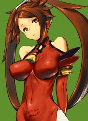 Rule 34 | 1girl, bare shoulders, breasts, brown eyes, brown hair, china dress, chinese clothes, covered navel, dated, dress, green background, grey background, guilty gear, guilty gear x, guilty gear xrd, guilty gear xx, kuradoberi jam, looking at viewer, looking away, medium breasts, red eyes, signature, simple background, sleeveless, solo, twintails, upper body, zaki (narashigeo)