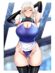 Rule 34 | 1girl, absurdres, apron, armpits, arms up, black gloves, black thighhighs, blue eyes, blue one-piece swimsuit, blush, breasts, cleavage, commentary request, cowboy shot, elbow gloves, gloves, gluteal fold, highleg, highleg swimsuit, highres, izayoi sakuya, large breasts, looking at viewer, maid headdress, one-piece swimsuit, parted lips, sinkai, solo, swimsuit, thighhighs, touhou, white apron, white headwear