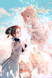 Rule 34 | 2girls, absurdres, amafuyu, bad id, bad pixiv id, blue flower, blue rose, blue sky, bow, brown eyes, brown hair, building, cloud, cloudy sky, commentary request, day, double bun, dress, floating hair, flower, frilled dress, frills, gloves, hair bow, hair flower, hair ornament, highres, huge filesize, long hair, long sleeves, multiple girls, original, outdoors, red eyes, rose, shoes, sky, skyscraper, twintails, white bow, white dress, white flower, white footwear, white gloves, white rose, wide sleeves