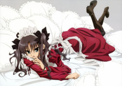 Rule 34 | 1girl, absurdres, alternate costume, apron, black bow, black hair, black legwear, blue eyes, boots, bow, brown footwear, cross-laced footwear, dress, enmaided, fate/stay night, fate (series), feet up, frilled pillow, frills, grey background, hair bow, high heel boots, high heels, highres, knee boots, lace-up boots, legs up, long hair, maid, maid headdress, official alternate costume, on bed, open mouth, pillow, red dress, sakai kyuuta, shoe soles, simple background, solo, tohsaka rin, twintails, white apron
