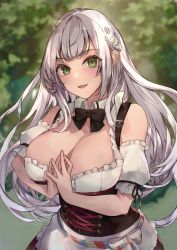 Rule 34 | 1girl, black corset, bow, breasts, cleavage, corset, flower, frills, green eyes, hair flower, hair ornament, highres, hololive, large breasts, long hair, looking at viewer, official alternate costume, open mouth, outdoors, own hands together, purin uni, shirogane noel, shirogane noel (dirndl), smile, solo, virtual youtuber, white flower, white hair