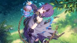 Rule 34 | 1girl, bare shoulders, bob cut, chain, crossed bangs, cygames, floating skull, gloves, hair between eyes, horns, mole, mole under eye, official art, princess connect!, purple hair, red eyes, shinobu (princess connect!), skull, torn clothes, water