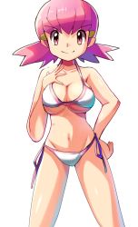 Rule 34 | 1girl, bikini, breasts, cleavage, collarbone, cowboy shot, creatures (company), game freak, hand on own chest, hand on own hip, large breasts, looking at viewer, navel, nintendo, paraiso551, pink eyes, pink hair, pokemon, pokemon hgss, short hair, side-tie bikini bottom, simple background, smile, solo, swimsuit, twintails, underboob, white background, whitney (pokemon)
