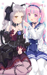 Rule 34 | 2girls, :3, :p, :q, anchor hair ornament, animal ear fluff, animal ears, bare shoulders, black dress, black ribbon, blue hair, blue nails, blue sailor collar, bow, braid, brown eyes, cake, cat ears, cat girl, cat tail, chain print, choker, colored inner hair, cream, cream on face, criss-cross halter, detached sleeves, double v, dress, extra ears, fingernails, food, food on face, fork, frilled choker, frills, gothic lolita, grin, hair ornament, hairband, halter dress, halterneck, high-waist skirt, highres, holding, holding fork, hololive, jacket, knees, kooh ku, legs, licking lips, lolita fashion, long hair, looking at viewer, minato aqua, minato aqua (sailor), multicolored hair, multiple girls, murasaki shion, murasaki shion (gothic lolita), nail polish, pantyhose, paw print, paw print background, pink eyes, pink hair, pink legwear, ribbon, sailor collar, silver hair, simple background, sitting, skirt, smile, tail, tail bow, tail ornament, tongue, tongue out, twin braids, twintails, two-tone hair, v, very long hair, virtual youtuber, white background, white jacket, white legwear, yokozuwari