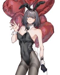 Rule 34 | 1boy, animal ears, balloon, black leotard, blue eyes, blush, bow, bowtie, covered navel, crossdressing, detached collar, fake animal ears, fake tail, fate/grand order, fate (series), heart balloon, highleg, highleg leotard, highres, holding, holding balloon, leotard, male focus, oberon (fate), oberon (third ascension) (fate), pantyhose, playboy bunny, rabbit ears, rabbit tail, rerheart, solo, strapless, strapless leotard, sweatdrop, tail, waving, white background, wrist cuffs