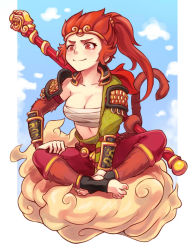 Rule 34 | 1girl, armor, bare shoulders, blue sky, body fur, breasts, cleavage, closed mouth, cloud, collarbone, commentary, dota (series), dota 2, english commentary, genderswap, genderswap (mtf), holding, holding with tail, journey to the west, monkey tail, prehensile tail, red eyes, red hair, sieyarelow, sitting, sky, smile, solo, staff, sun wukong, tail