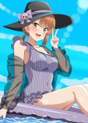 Rule 34 | 1girl, :d, black hat, black jacket, blue sky, blush, bow, breasts, brown hair, commentary request, dars (recolors), day, hat, hat bow, highres, isshiki iroha, jacket, large breasts, looking at viewer, medium hair, one-piece swimsuit, open mouth, outdoors, purple bow, purple one-piece swimsuit, see-through, see-through jacket, sky, smile, solo, striped clothes, striped one-piece swimsuit, swimsuit, teeth, upper teeth only, v, vertical-striped clothes, vertical-striped one-piece swimsuit, yahari ore no seishun lovecome wa machigatteiru., yellow eyes