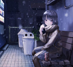 Rule 34 | 1girl, bench, black hair, black pantyhose, can, commentary, highres, jacket, night, original, outdoors, pantyhose, sakiika0513, scarf, scenery, school uniform, shiruko (food), sitting, snow, snowing, solo, trash can, vending machine, winter clothes
