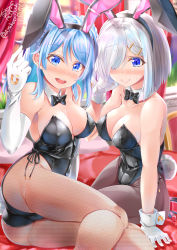 Rule 34 | 2girls, absurdres, alternate costume, animal ears, artist logo, ass, ayakase hotaru, black leotard, black neckwear, blue eyes, blue hair, bow, bowtie, breasts, cleavage, commentary request, cowboy shot, curtains, detached collar, double bun, elbow gloves, fake animal ears, fishnet legwear, fishnets, gloves, hair bun, hair ornament, hair over one eye, hairclip, hamakaze (kancolle), highres, kantai collection, large breasts, leotard, looking at viewer, multiple girls, pantyhose, playboy bunny, rabbit ears, rabbit tail, short hair, silver hair, strapless, strapless leotard, tail, urakaze (kancolle), white gloves, wrist cuffs