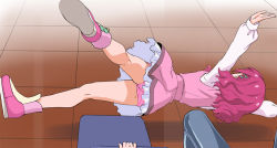 Rule 34 | 10s, 1girl, hair ornament, haruyama kazunori, hugtto! precure, long sleeves, nono hana, outstretched arms, panties, pink footwear, pink hair, pink panties, pink skirt, precure, shoes, short hair, skirt, solo focus, striped clothes, striped panties, underwear, x hair ornament
