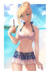 Rule 34 | 1girl, ahoge, alternate costume, artoria pendragon (all), artoria pendragon (fate), bare shoulders, beach, bikini, blonde hair, blue skirt, blush, braid, breasts, bubble tea, collarbone, cup, day, earrings, fate/stay night, fate (series), green eyes, hair between eyes, hair bun, highres, jewelry, long hair, looking at viewer, miniskirt, navel, necklace, open mouth, orii (orii i), parted lips, saber (fate), single hair bun, skirt, small breasts, solo, sunlight, swimsuit, thighs, white bikini