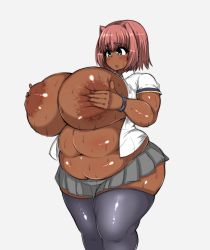 Rule 34 | 1girl, absurdres, bad id, bad twitter id, belly, blue eyes, blush, breasts, covering privates, covering breasts, dark-skinned female, dark skin, fat, gigantic breasts, highres, large areolae, navel, open clothes, parted lips, pink hair, plump, puffy nipples, sanagimaru7974, school uniform, short hair, skirt, solo, standing, sweat, tensai427, thick thighs, thighhighs, thighs, wide hips