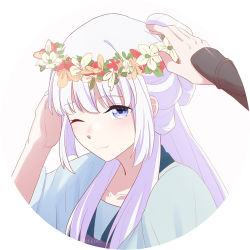 Rule 34 | 1girl, bai yuxiu, bracer, chinese clothes, collarbone, feng ling&#039;er, feng ling yu xiu, flower, hand on another&#039;s head, hand on own head, hand up, hanfu, headpat, looking at viewer, one eye closed, out of frame, simple background, smile, watermark, white background, white hair, wreath, xie&#039;en shi shane