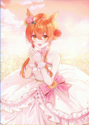 Rule 34 | 182 1x156 (gkyn8274), 1girl, :d, absurdres, animal ears, bare shoulders, blush, choker, circle skirt, collarbone, dress, flower, gloves, hair flower, hair ornament, highres, horse ears, horse girl, huge filesize, lace, lace choker, looking at viewer, mayano top gun (sunlight bouquet) (umamusume), mayano top gun (umamusume), official alternate costume, open mouth, orange eyes, orange hair, own hands clasped, own hands together, short hair with long locks, sidelocks, smile, solo, strapless, strapless dress, umamusume, wedding dress, white choker, white dress, white gloves
