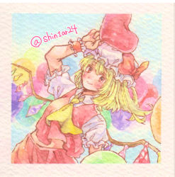 Rule 34 | 1girl, arm up, ascot, balloon, blonde hair, closed mouth, collared shirt, flandre scarlet, frilled sleeves, frills, hat, heart balloon, holding, holding balloon, leaning back, looking at viewer, medium hair, mob cap, multicolored wings, puffy short sleeves, puffy sleeves, red eyes, red skirt, red vest, shin1ar24, shirt, short sleeves, skirt, skirt set, solo, touhou, traditional media, vest, watercolor pencil (medium), white hat, white shirt, wings, wrist cuffs, yellow ascot