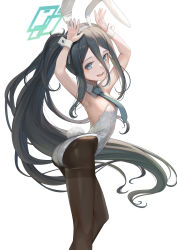 Rule 34 | 1girl, absurdres, animal ears, aqua necktie, aris (blue archive), armpits, arms up, ass, bare shoulders, black hair, black pantyhose, blue archive, blue eyes, detached collar, fake animal ears, fake tail, hair between eyes, halo, highres, leotard, long hair, looking at viewer, necktie, open mouth, pantyhose, playboy bunny, rabbit ears, rabbit tail, side ponytail, simple background, smile, solo, standing, sunga2usagi, tail, thighband pantyhose, very long hair, white background, white leotard, wrist cuffs