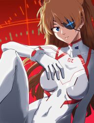 Rule 34 | 1girl, alternate breast size, bodysuit, breasts, covered navel, curvy, evangelion: 3.0+1.0 thrice upon a time, eyepatch, glowing, glowing eye, highres, interface headset, long hair, looking at viewer, medium breasts, neon genesis evangelion, pilot suit, plugsuit, rebuild of evangelion, red background, shiny clothes, solo, souryuu asuka langley, tesshin521, very long hair, white bodysuit, wide hips