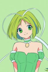 Rule 34 | 1girl, absurdres, breasts, choker, closed mouth, detached sleeves, green background, green choker, green eyes, green hair, green leotard, green theme, hair tubes, highres, leotard, magical girl, medium breasts, mew lettuce, midorikawa lettuce, parted bangs, puffy detached sleeves, puffy sleeves, short hair, simple background, smile, solo, tokyo mew mew, yaya chan