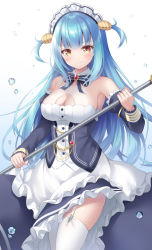 Rule 34 | 1girl, apron, azur lane, black dress, blue hair, blue ribbon, blush, breasts, clam, clam shell, cleavage, cleavage cutout, clothing cutout, corset, cowboy shot, detached sleeves, dress, frilled hairband, frills, gradient background, hair between eyes, hairband, highres, holding, holding weapon, long sleeves, looking at viewer, maid, maid headdress, medium breasts, multicolored ribbon, neck ribbon, neptune (azur lane), polearm, ribbon, sakuba nao, shell hair ornament, solo, thighhighs, trident, two side up, underboob cutout, waitress, water drop, weapon, white background, white thighhighs, yellow eyes
