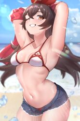 Rule 34 | 1girl, absurdres, amber (genshin impact), arched back, beach, bikini, bikini top only, blue shorts, blush, breasts, breasts apart, brown eyes, brown hair, collarbone, genshin impact, hair ribbon, highres, kirima (user danf8787), looking to the side, medium breasts, navel, ocean, outdoors, parted lips, red ribbon, ribbon, shorts, skindentation, smile, solo, stomach, swimsuit, water, white bikini